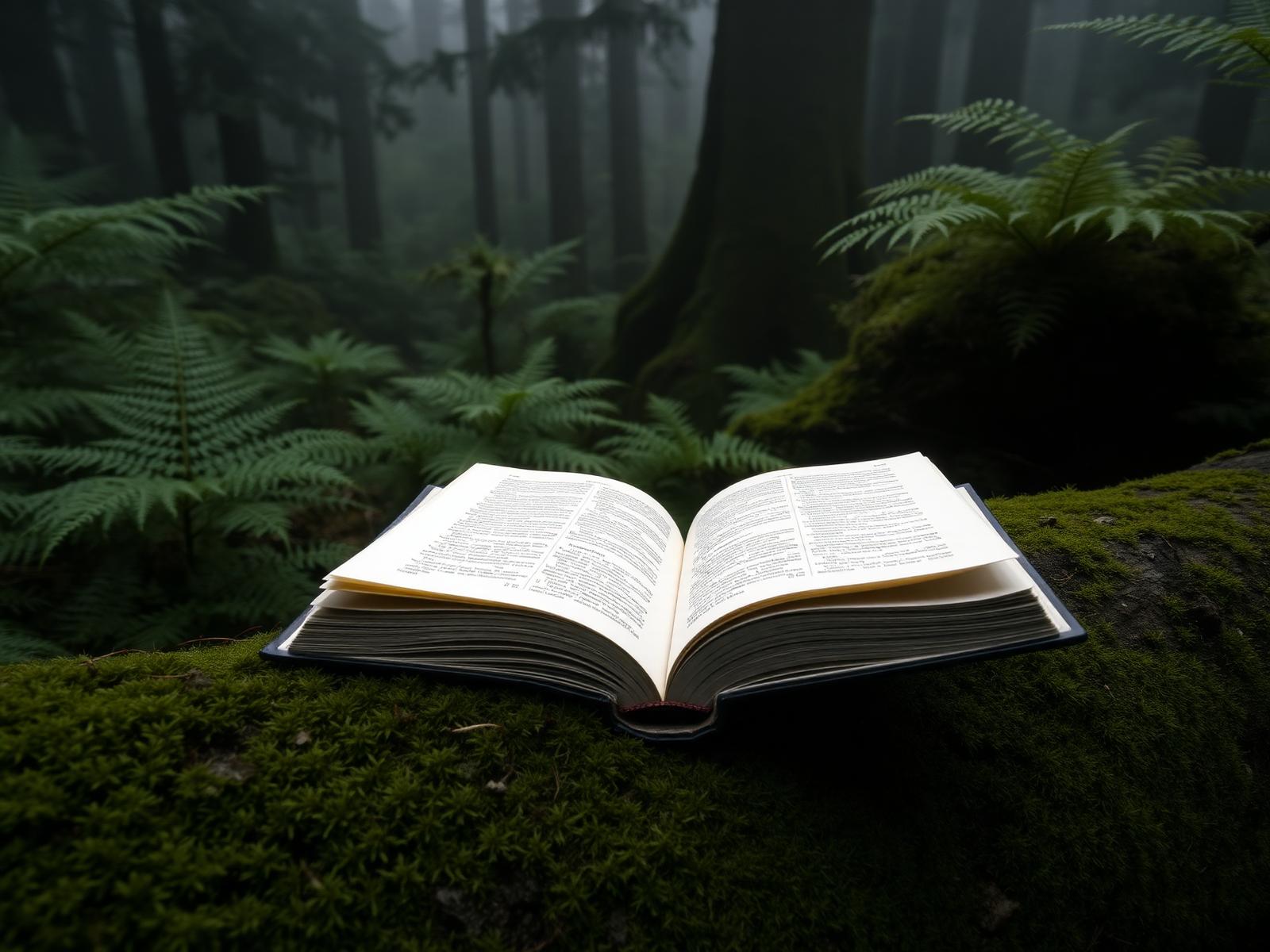 Open book on a mossy log in a Pacific Northwest rainforest